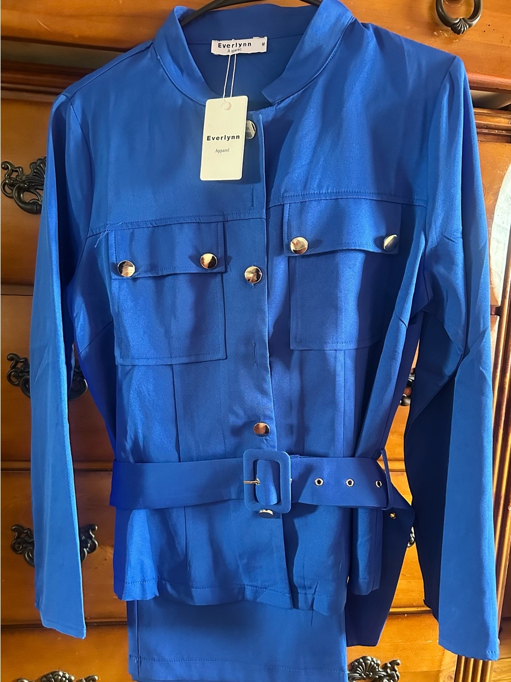 Everly Electric Blue Belted Utility Jacket with Gold Buttons